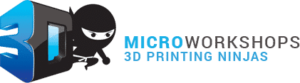 Microworkshops 3D printing ninja's logo. A cartoon ninja next to the company name in 3d text.